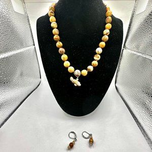 16" Stone Beaded Picture Jasper Necklace and Matching Earrings